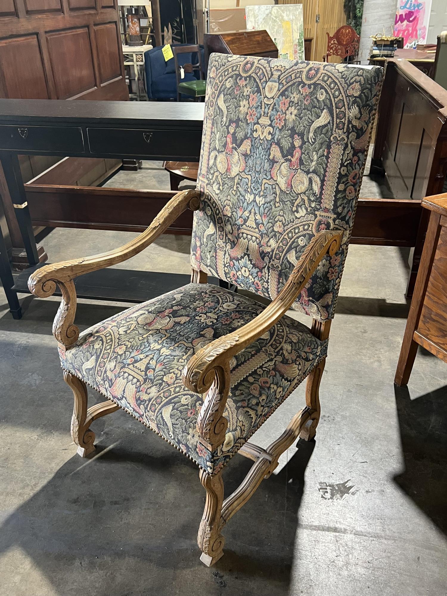 19 C. FRENCH ARM CHAIR WITH TAPESTRY FABRIC: 19 C. FRENCH ARM CHAIR WITH TAPESTRY FABRIC