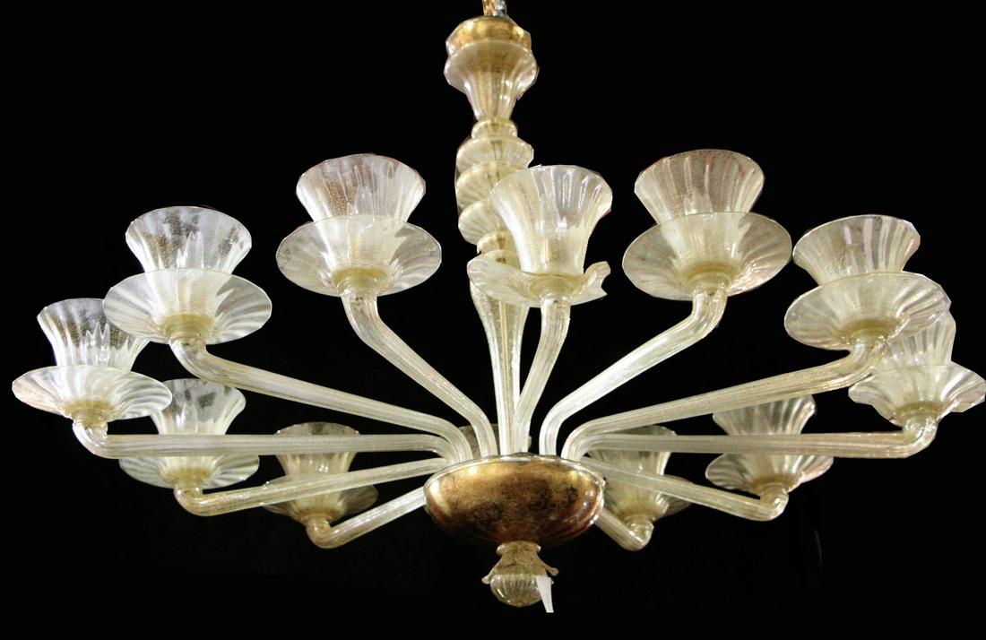 MURANO GLASS CHANDELIER: MURANO GLASS CHANDELIER.1 BOBECHE IS DAMAGED, SOLD AS IS. Height: 39 in. by Width: 38 in. by Depth: 38 in.