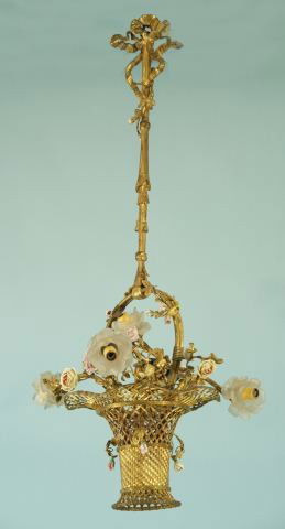 FRENCH ANTIQUE BASKET SHAPED BRASS CHANDELIER: FRENCH ANTIQUE BASKET SHAPED FIVE-LIGHT BRASS CHANDELIER WITH PORCELAIN & GLASS FLOWERS. FROM THE ESTATE OF ROY HOFHEINZ. Height: 39 in. by Width: 13 in. by Depth: 13 in.