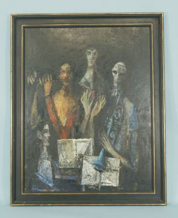 DAVID ADICKES "MUSICIANS OF THE BLUE ANGEL" OIL: DAVID ADICKES "MUSICIANS OF THE BLUE ANGEL" OIL ON CANVAS PAINTING. EXHIBITION TAG ON VERSO FROM MAY 1957. FROM THE ESTATE OF DR. JAMES CRAWLEY. Height: 41 1/2 and 35 3/4 in. by Width: 33 1/4 and 27 1