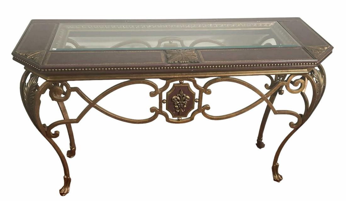 GLASS AND LEATHER TOP CONSOLE TABLE (1 of 3)