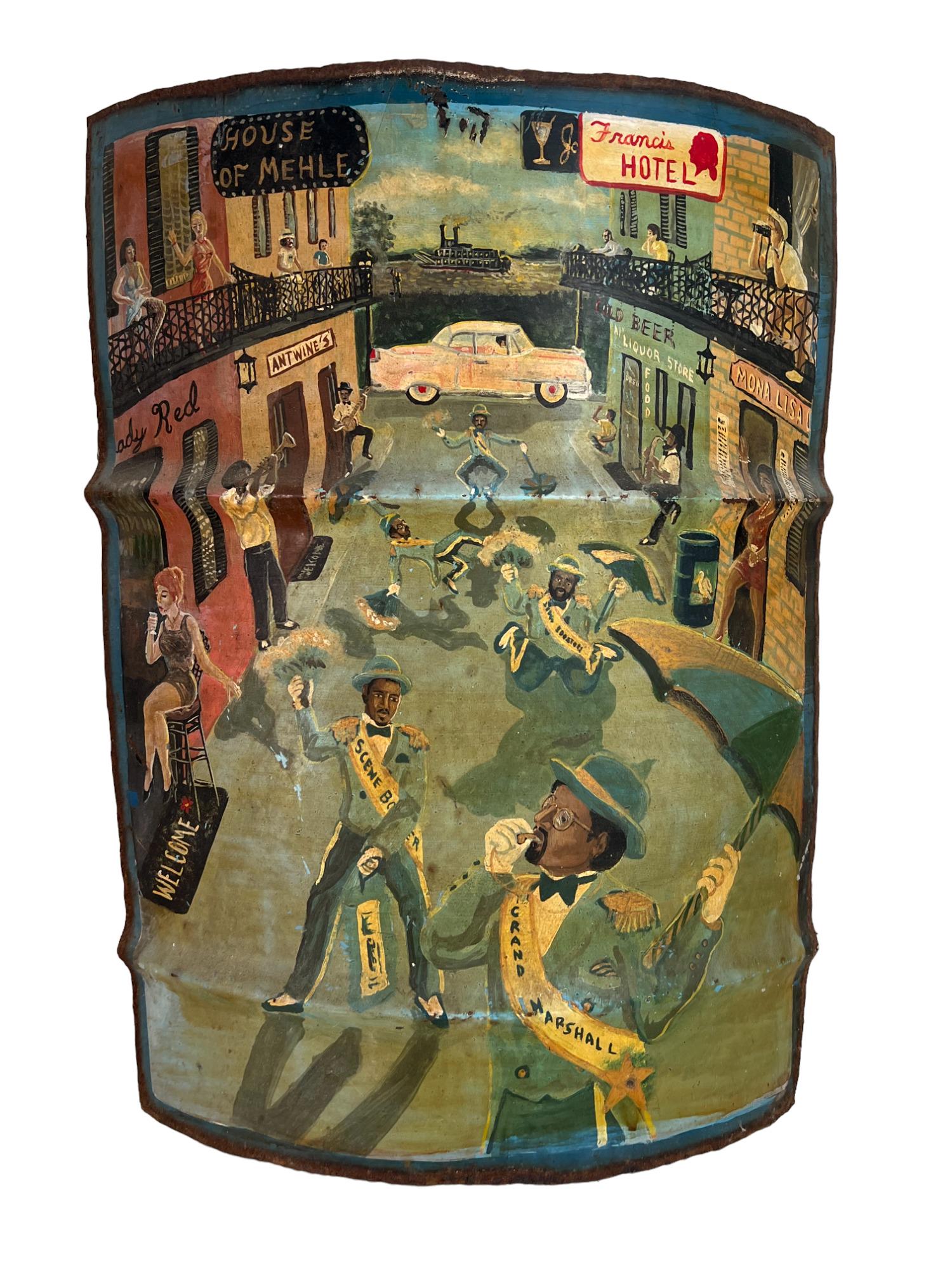 NEW ORLEANS SCENE ON CUT  METAL  OIL DRUM (1 of 4)
