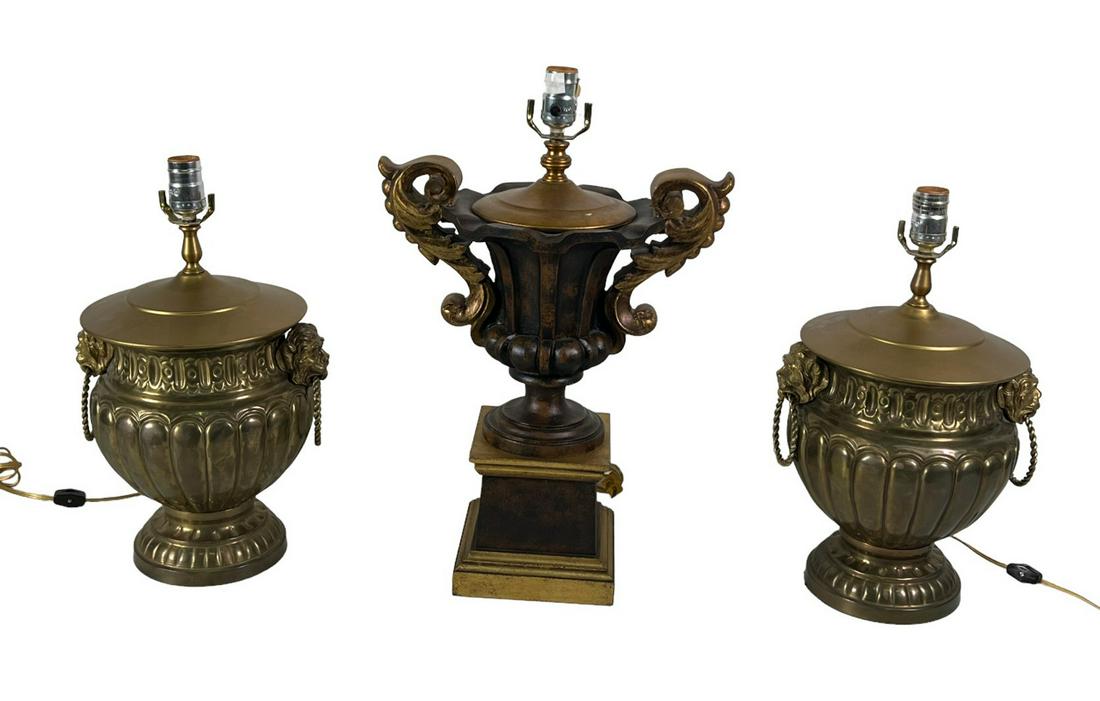 LOT OF 2 BRASS AND 1 URN PLASTER LAMPS: LOT OF 2 BRASS AND 1 URN PLASTER LAMPS Height: 26 in. by Width: 14 in. by Depth: 8