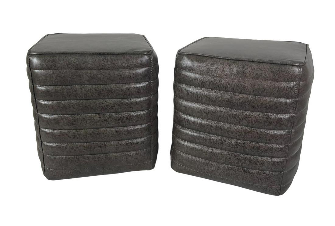 PAIR OF LEATHER OTTOMANS OR STOOLS (1 of 2)