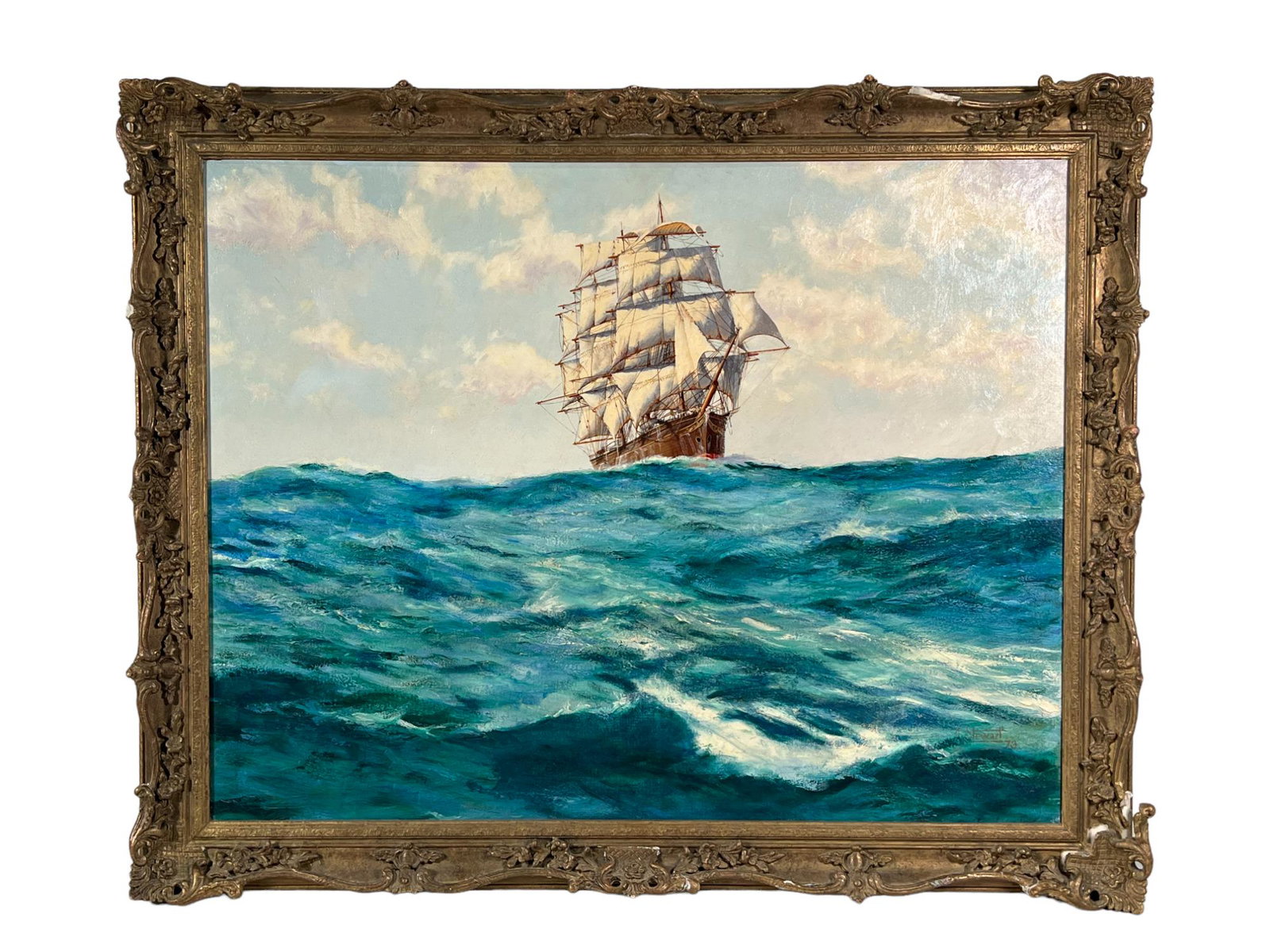 SHIP PAINTING BY J STEWART: SHIP PAINTING BY J STEWART Height: 34 in. by Width: 41.5
