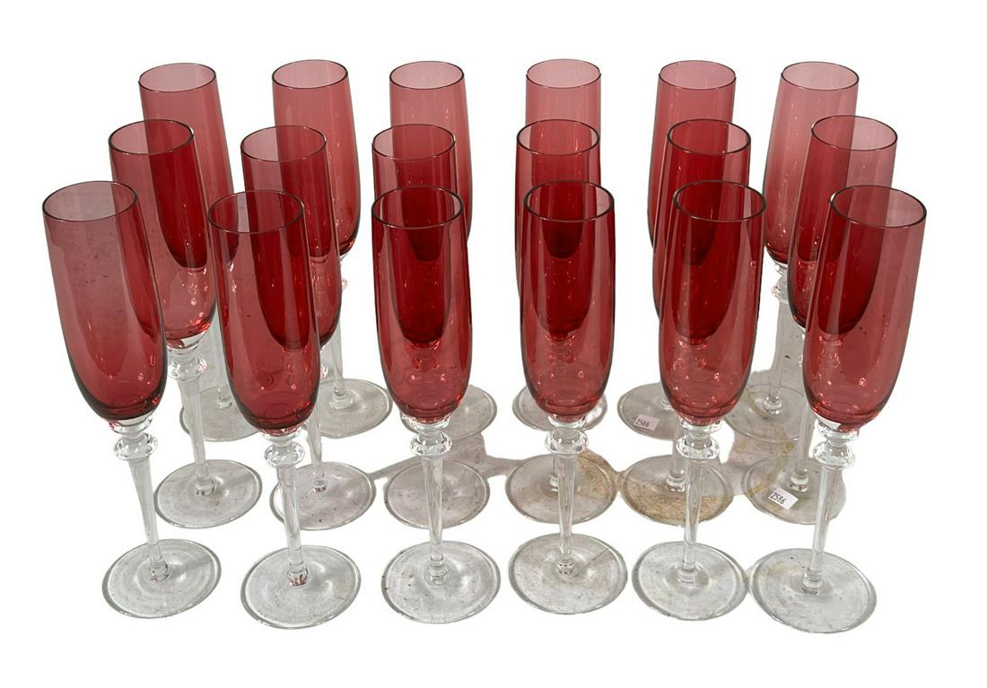 18 RUBY AND CLEAR STEMMED CHAMPAGNE GLASSES (1 of 2)