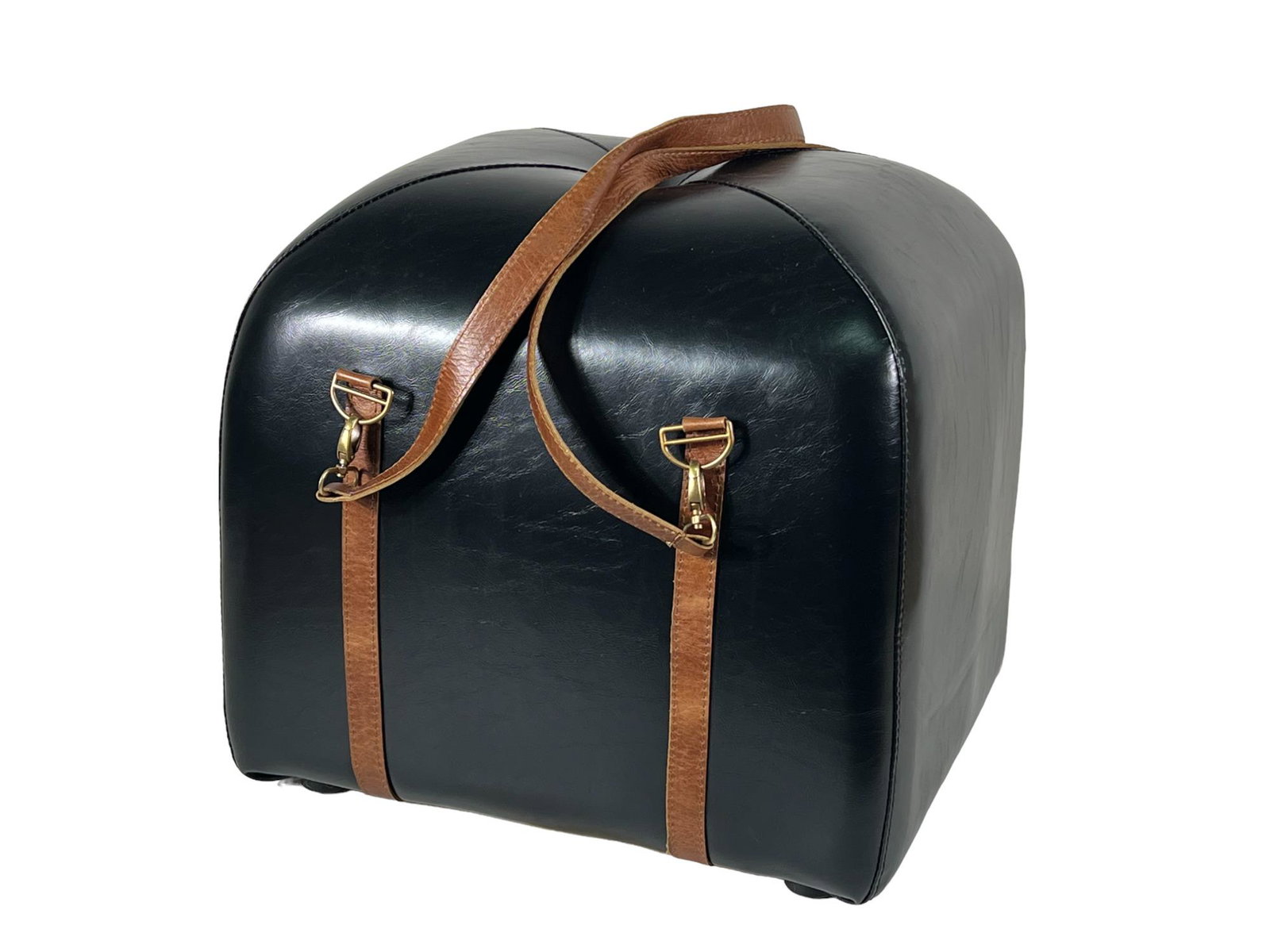 BLACK LEATHER OTTOMAN WITH BROWN STRAPS (1 of 1)