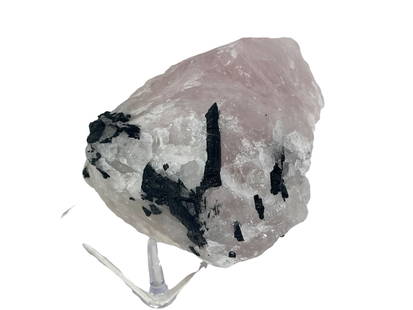 ROSE QUARTZ CHUNK WITH BLACK TOURMALINE: ROSE QUARTZ CHUNK WITH BLACK TOURMALINE - (Q54) - 8.9 LBS Height: 7 in. by Width: 6 in. by Depth: 4