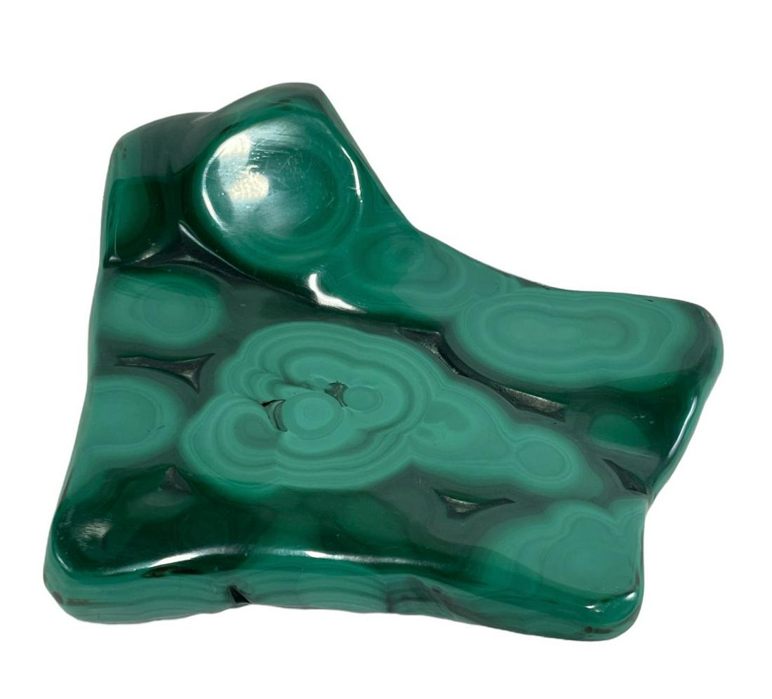 POLISHED MALACHITE SPECIMEN: POLISHED MALACHITE SPECIMEN - (ML81) - 13OZ Height: 4 in. by Width: 4 in. by Depth: 1