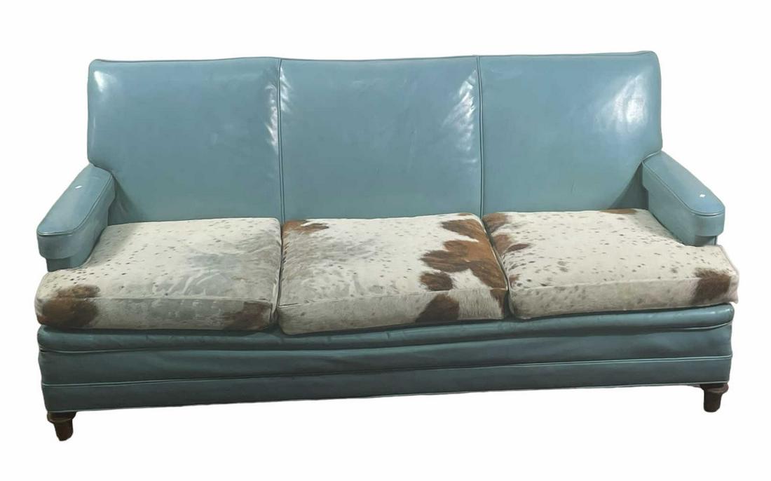 VINTAGE W.G GUNLOCKE BLUE LEATHER SOFA: VINTAGE W.G GUNLOCKE BLUE LEATHER SOFA WITH COWHIDE SEAT CUSHION