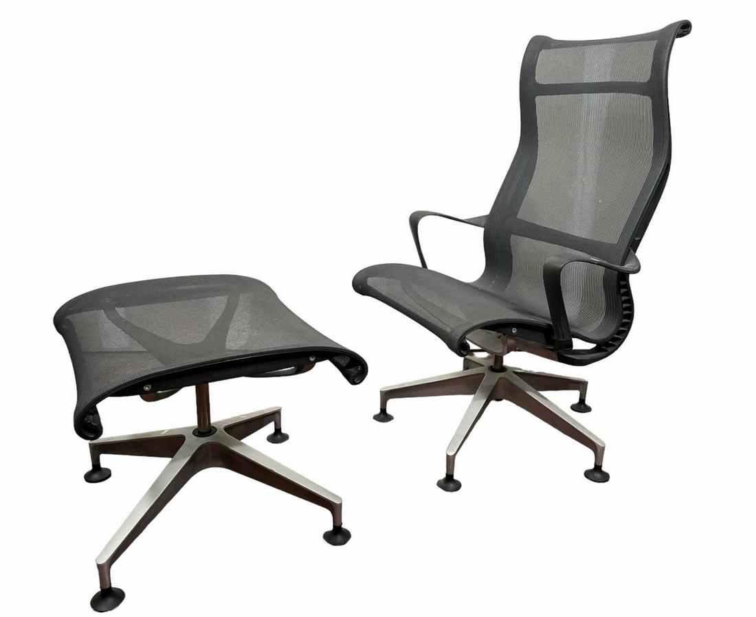 HERMAN MILLER SETU LOUNGE CHAIR AND OTTOMAN: HERMAN MILLER SETU LOUNGE CHAIR AND OTTOMAN. CREATED BY STUDIO 75. Height: 43.5 in. by Width: 27.25 in. by Depth: 16.75 in.