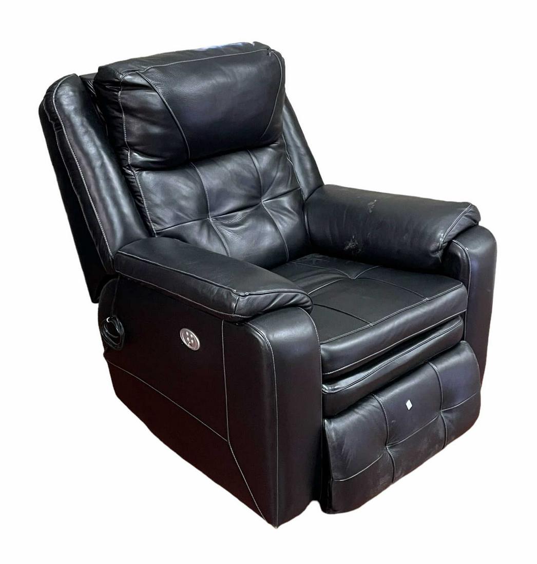 BLACK LEATHER RECLINING CHAIR: BLACK LEATHER RECLINING CHAIR Height: 41 in. by Width: 37 in. by Depth: 33
