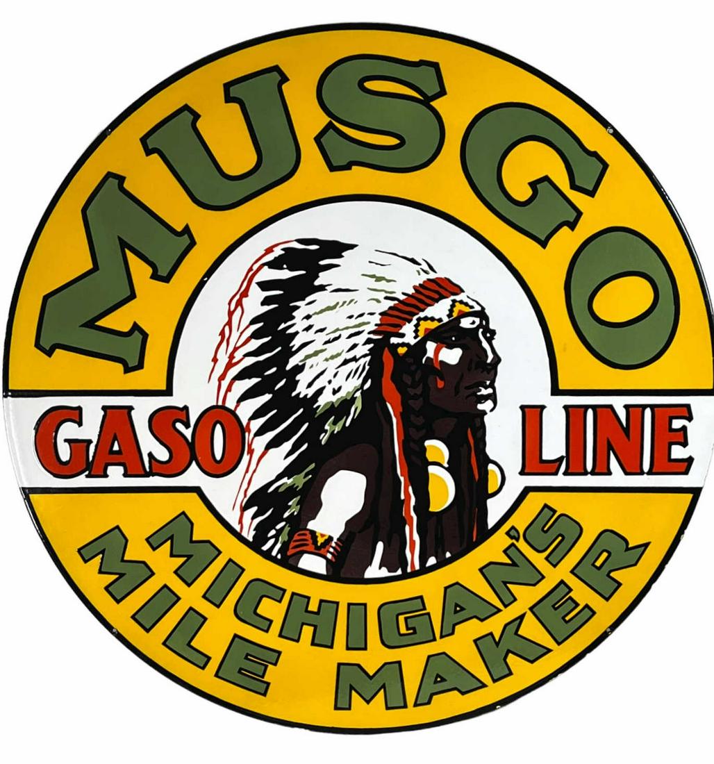 MUSGO GASOLINE DOUBLE SIDED PORCELAIN SIGN: MUSGO GASOLINE DOUBLE SIDED PORCELAIN SIGN. Height: 42 in.