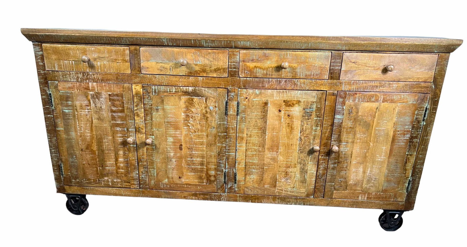 DISTRESSED SIDEBOARD ON INDUSTRIAL CASTERS: DISTRESSED SIDEBOARD ON INDUSTRIAL CASTERS Height: 40.25 in. by Width: 60.5 in. by Depth: 14.25