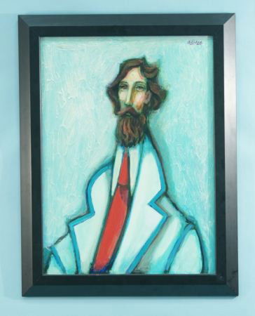 DAVID ADICKES "PHILOSOPHER RED TIE" MIXED MEDIA: DAVID ADICKES "PHILOSOPHER WITH RED TIE" MIXED MEDIA. Height: 24 in. by Width: 18 in. by Depth: 1 in.