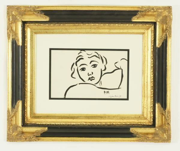 HENRI MATISSE "PORTRAIT D FEMME" BRUSH INK DRAWING: AFTER HENRI MATISSE (1869-1954) BRUSH AND BLACK INK DRAWING, PORTRAIT DE FEMME, SIGNED WITH THE ARTIST'S INITIALS LOWER RIGHT AND DATED, 1953. LAID DOWN ON HEAVY BROWN PAPER. VERY GOOD CONDITION,. Hei