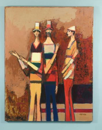 DAVID ADICKES "THREE FRIENDS" MIXED MEDIA: DAVID ADICKES (AMERICAN 1927-) "THREE FRIENDS" MIXED MEDIA. Height: 40 in. by Width: 31 in.