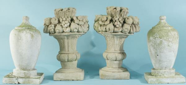 LOT OF FOUR CONCRETE ARCHITECTURAL GARDEN URNS: LOT OF FOUR CONCRETE ARCHITECTURAL GARDEN URNS. One has slight damage as is. Height: 17 1/2 and 19 in. by Width: 9 and 12 in. by Depth: 9 and 10 1/2 in.