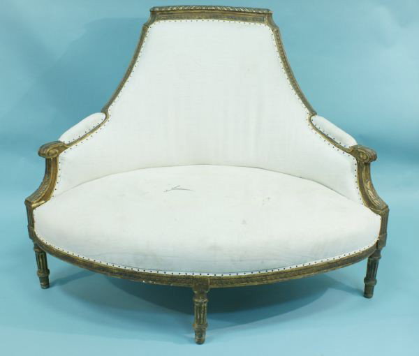GILTWOOD SETTEE WITH LINEN UPHOLSTERY: GILTWOOD SETTEE WITH LINEN UPHOLSTERY. Slight stains, as is. Height: 41 1/2 in. by Width: 55 in. by Depth: 38 in.
