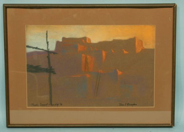WILLIAM MONAGHAN "PUEBLO SUNSET" PASTEL, 1978: WILLIAM J. MONAGHAN "PUEBLO SUNSET, TAOS, NM." PASTEL ON PAPER, 1978. Height: 19 and 12 1/2 in. by Width: 25 1/2 and 19 in. by Depth: 1 in.