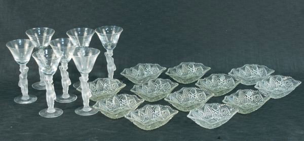 MIXED LOT 19-PIECES OF DECORATIVE GLASSWARE: MIXED LOT 19-PIECES OF DECORATIVE GLASSWARE. 7 LALIQUE STYLE GOBLETS, 12-SMALL CANDY DISHES. 2 pieces have minor nicks. Height: 1 1/2 and 5 and 4 in. by Width: 6 1/2 and 3 and 3 in.