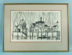 DAVID ADICKES "FRENCH BASILICA " LITHOGRAPH: DAVID ADICKES "FRENCH BASILICA " LITHOGRAPH WITH WATERCOLOR WASH APPLIED ENSCRIBED FOR KIETH RITTER FROM DAVID ADICKES, DEC. 19, 1975. Height: 30 and 19 in. by Width: 40 and 31 in. by Depth: 1 in.