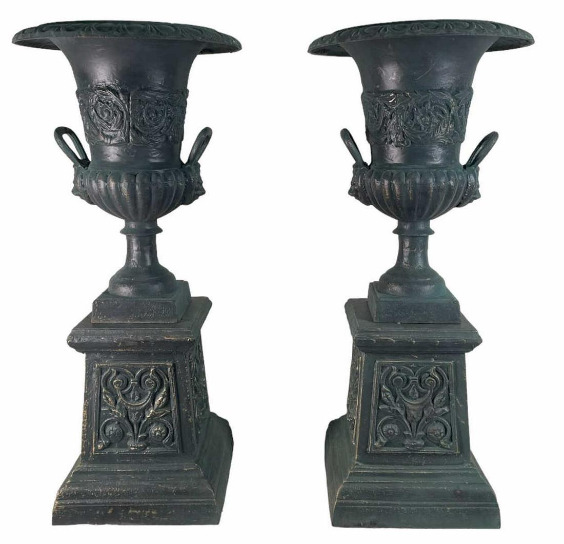 PAIR OF HANDLED URNS WITH PEDESTAL (1 of 4)