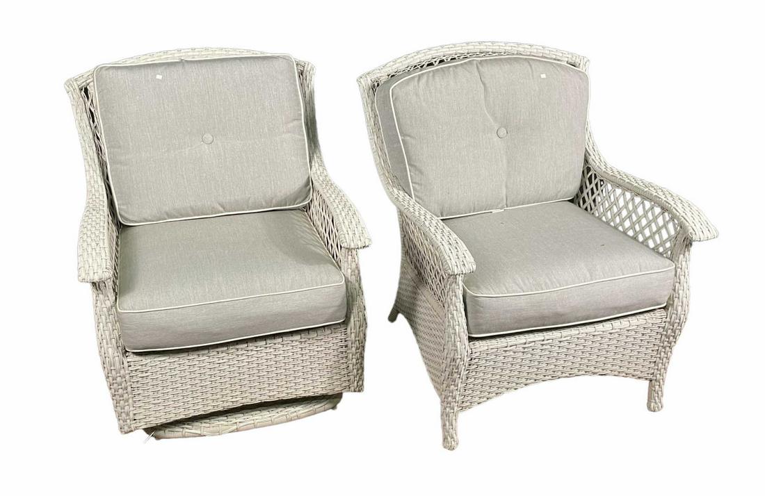 PAIR OF RESIN WOVEN WICKER STYLE GLIDER ARMCHAIRS (1 of 6)