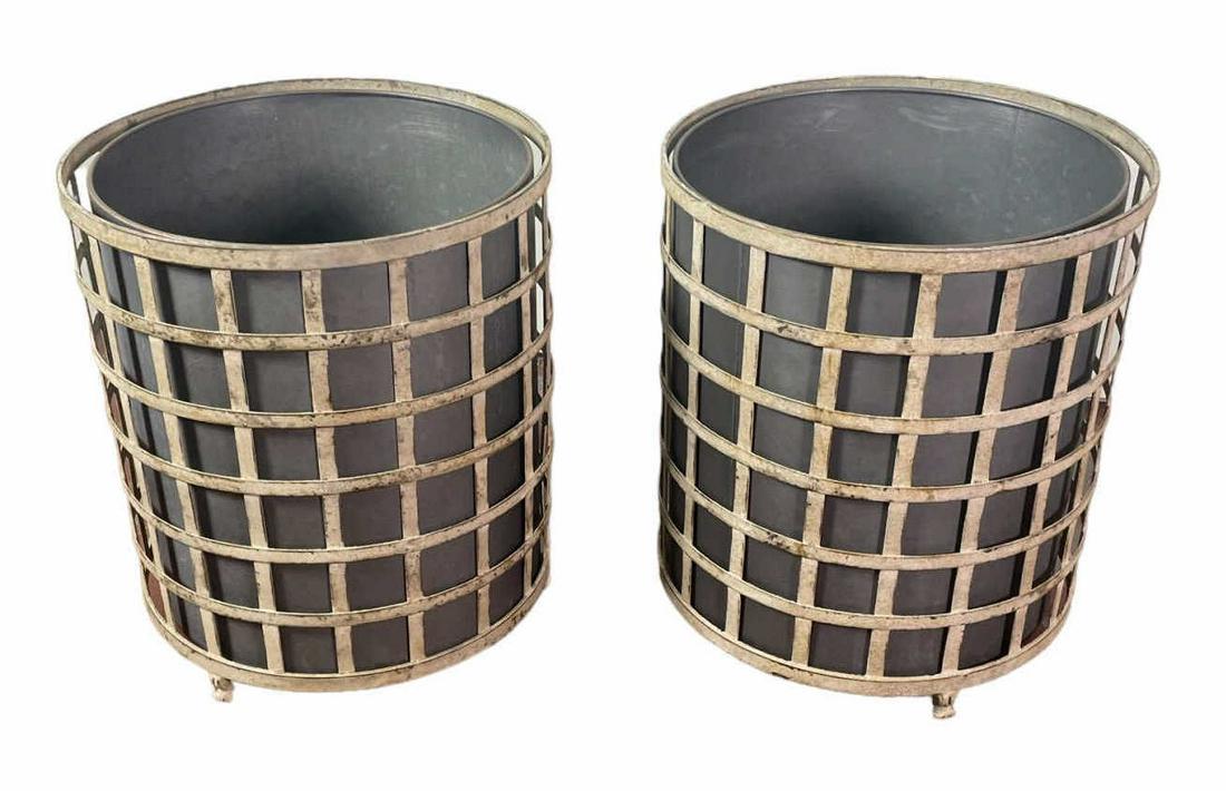 PAIR ROUND AGED METAL LATTICE PLANTERS (1 of 2)