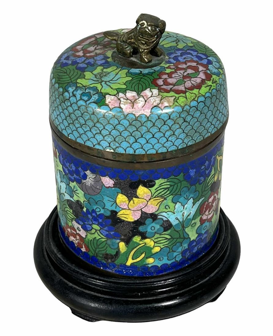 LIDDED CLOISONNE OVER COPPER CYLINDRICAL BOX (1 of 2)