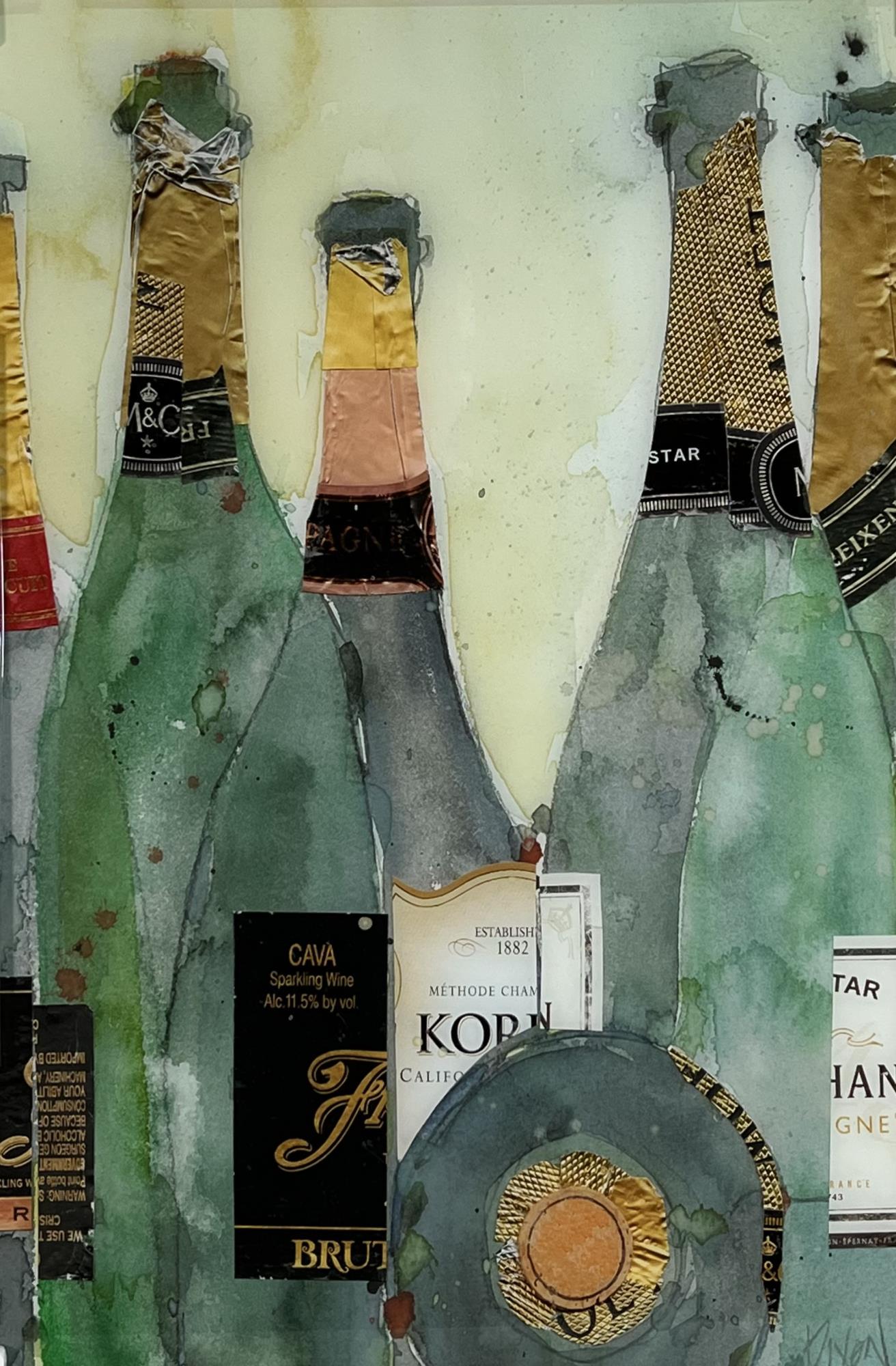 BACK PAINTED GLASS ART OF CHAMPAGNE BOTTLES: BACK PAINTED GLASS ART OF CHAMPAGNE BOTTLES. Height: 47.25 in. by Width: 31.5