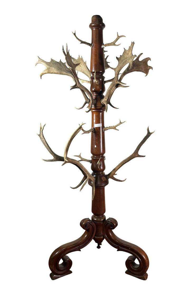 19th CENTURY ANTLER MAHOGANY COAT / HAT RACK (1 of 3)
