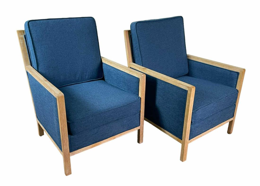 PAIR OF BLUE ARMCHAIRS: PAIR OF BLUE ARMCHAIRS. Height: 38.5 in. by Width: 27 in. by Depth: 31