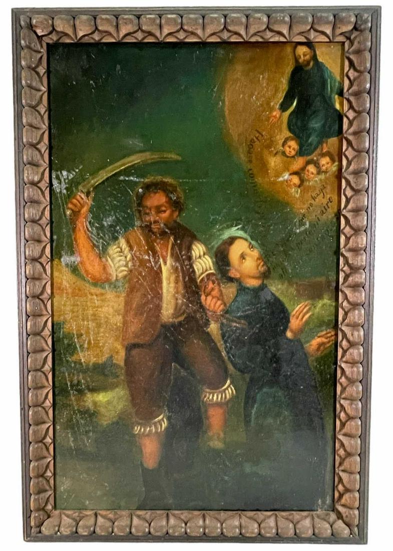 MARTYRED SAINT OIL ON MASONITE PAINTING: MARTYRED SAINT OIL ON MASONITE PAINTING. Height: 36 in. by Width: 24
