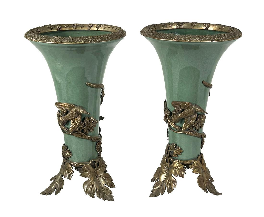 PR CASTILIAN PORCELAIN VASES WITH BRONZE MOUNTS: PR CASTILIAN PORCELAIN VASES WITH BRONZE MOUNTS. Height: 21 in. by Width: 12 in. by Depth: 12