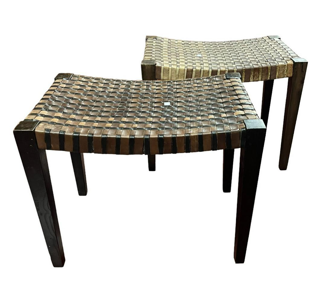 PAIR OF LEATHER WOVEN STOOLS (1 of 3)