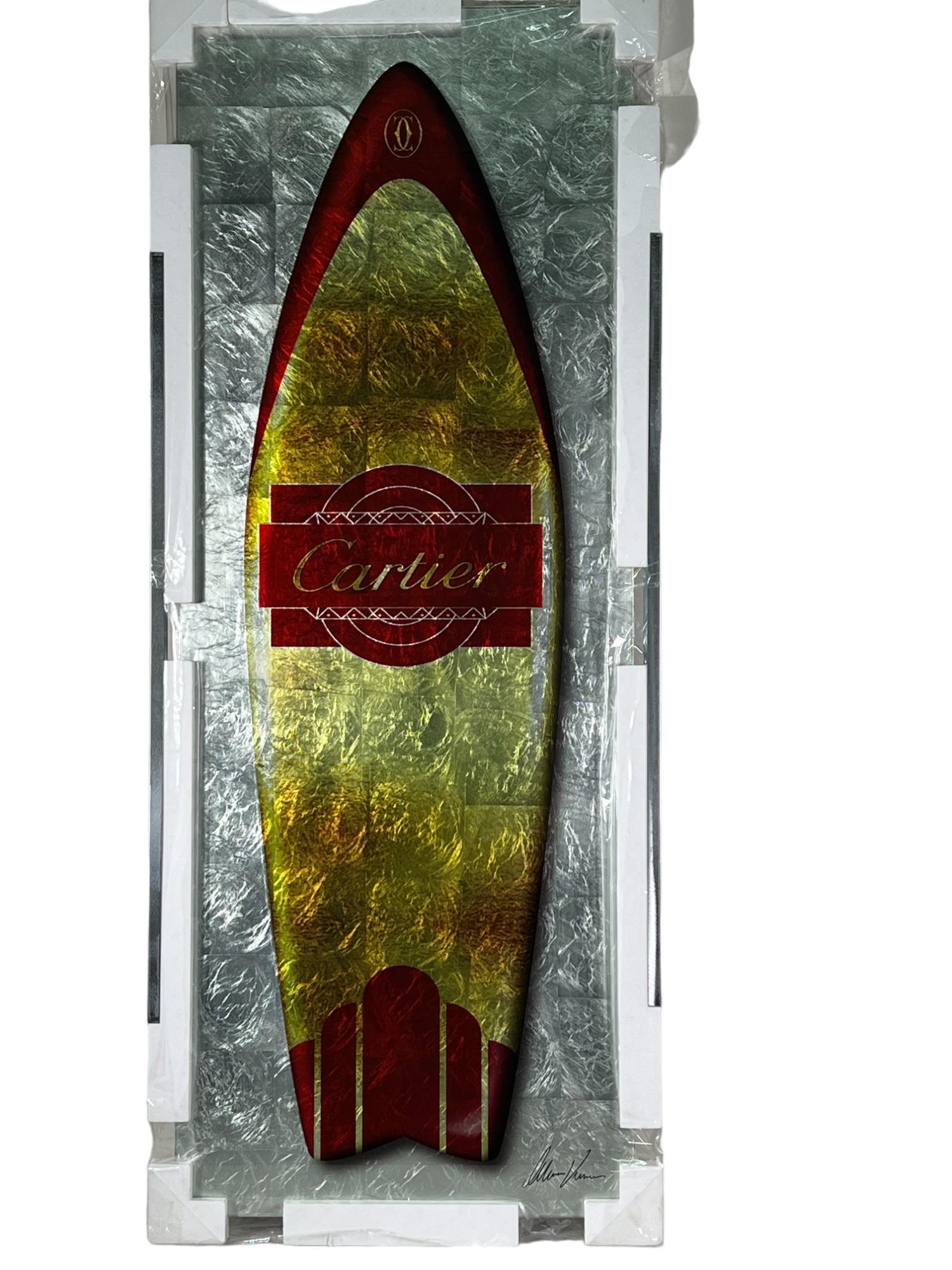 CARTIER REVERSE PRINT GLASS SURFBOARD: CARTIER REVERSE PRINT GLASS SURFBOARD. Height: 62 in. by Width: 23.5 in. by Depth: .5 in.