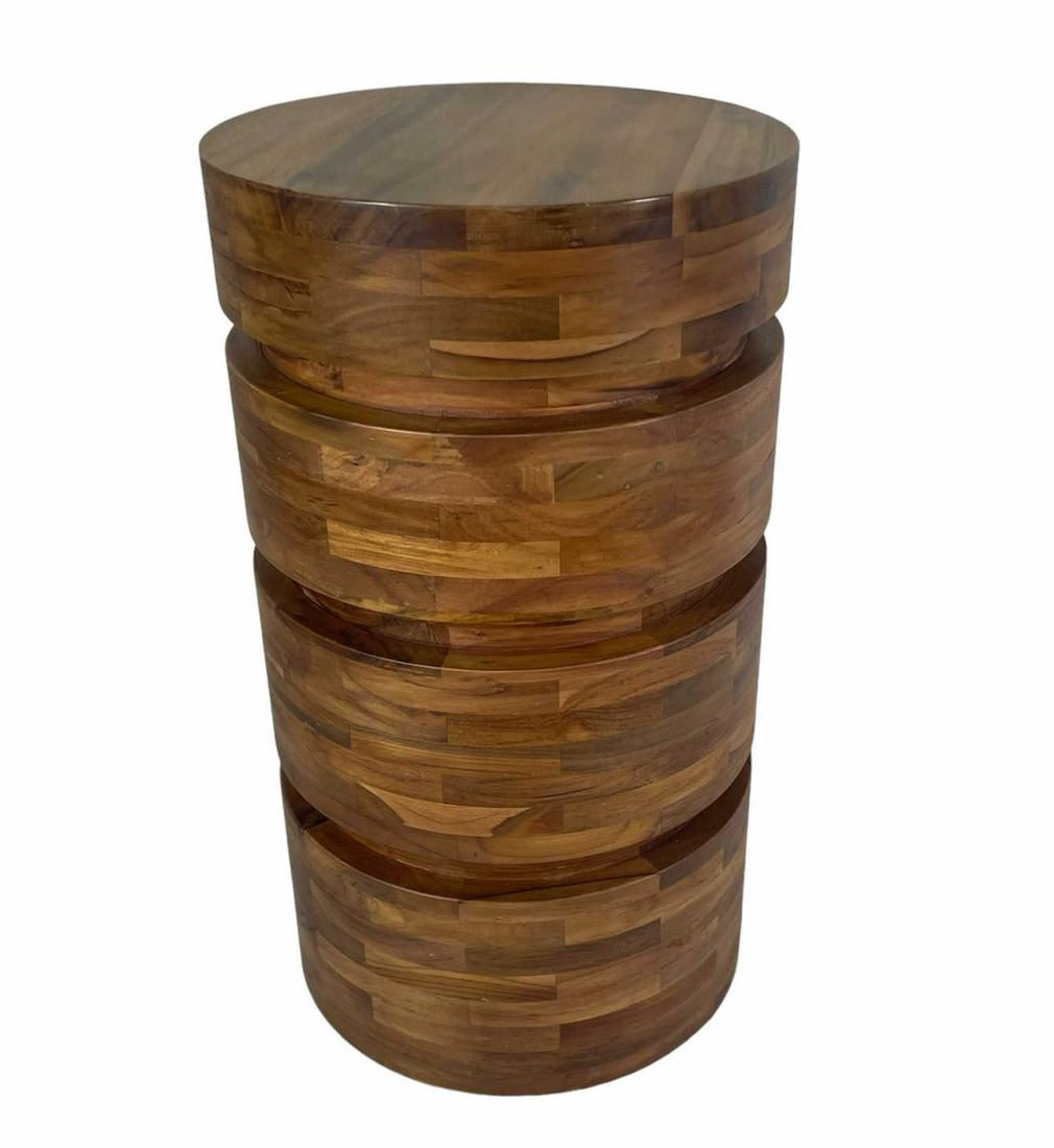 SEGMENTED WOOD ACCENT TABLE: SEGMENTED WOOD ACCENT TABLE. Height: 21 in. by Width: 12 in. by Depth: 12