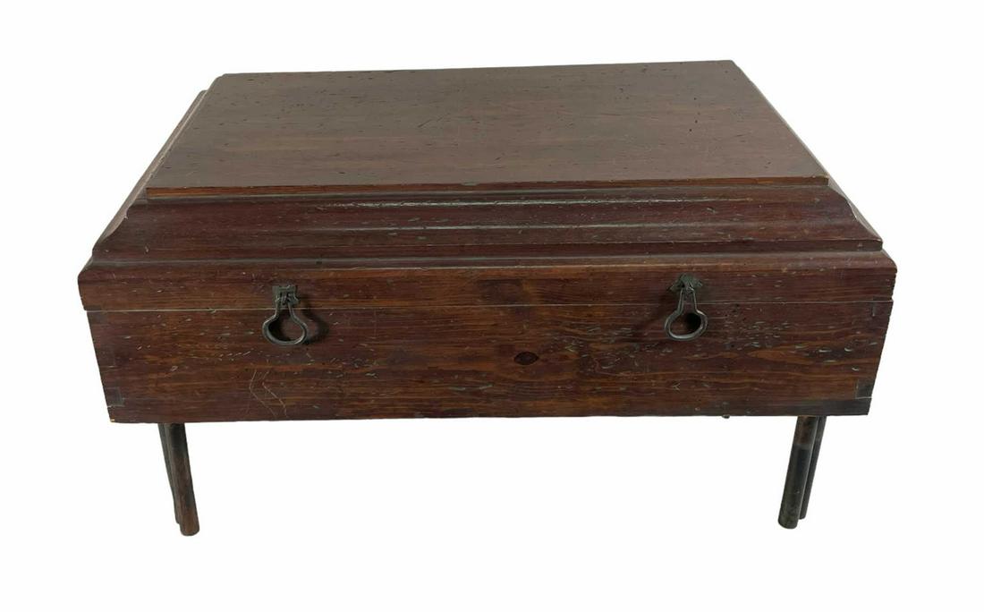 WOODEN TRUNK WITH LEGS: WOODEN TRUNK WITH LEGS. Height: 17 in. by Width: 32 in. by Depth: 16 in.