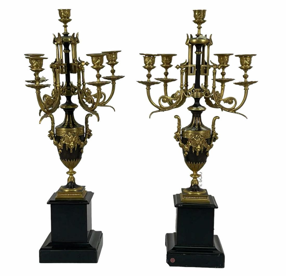 PAIR OF 19th CENTURY BRONZE CANDELABRA: PAIR OF 19th CENTURY BRONZE CANDELABRA. Height: 26 in. by Width: 12 in. by Depth: 6.5 in.