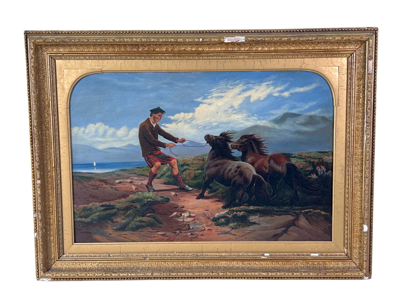 SCOTTISH LAD & HORSES SIGNED OIL ON CANVAS: SCOTTISH LAD & HORSES SIGNED OIL ON CANVAS PAINTING. Height: 21 in. by Width: 29 in. by Depth: 2