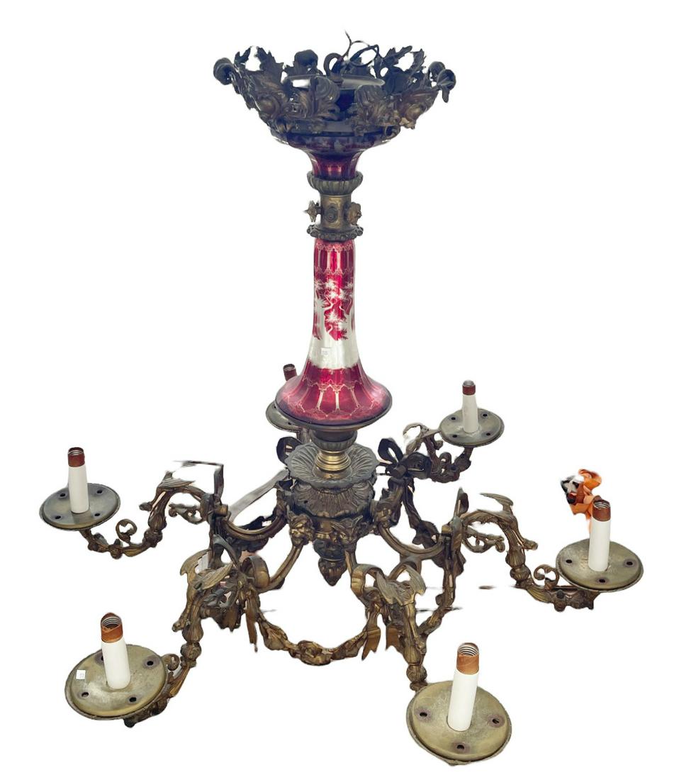 19th CENTURY BOHEMIAN BRASS & GLASS CHANDELIER: 19th CENTURY BOHEMIAN BRASS & GLASS CHANDELIER. Height: 36 in. by Width: 40 in.