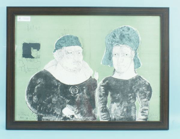 JOSE CUEVAS "BORGIA" EDITION #21/100: JOSE CUEVAS "BORGIA" LITHOGRAPH, EDITION NUMBER 21/100, MAY 14, 1968. FROM THE "CRIME AND PUNISHMENT SUITE". Height: 25 1/4 and 21 1/2 in. by Width: 33 1/2 and 29 1/2 in. by Depth: 1 in.