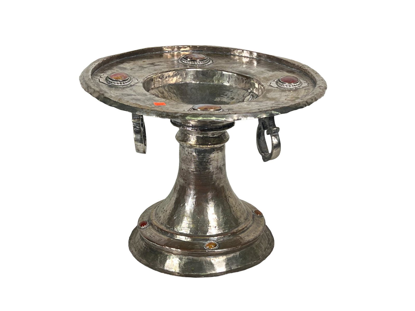 HAMMERED WHITE BRASS COMPOTE WITH AGATE ACCENTS: HAMMERED WHITE BRASS COMPOTE WITH AGATE ACCENTS. Height: 12 in. by Width: 15.25 in. by Depth: 15.25