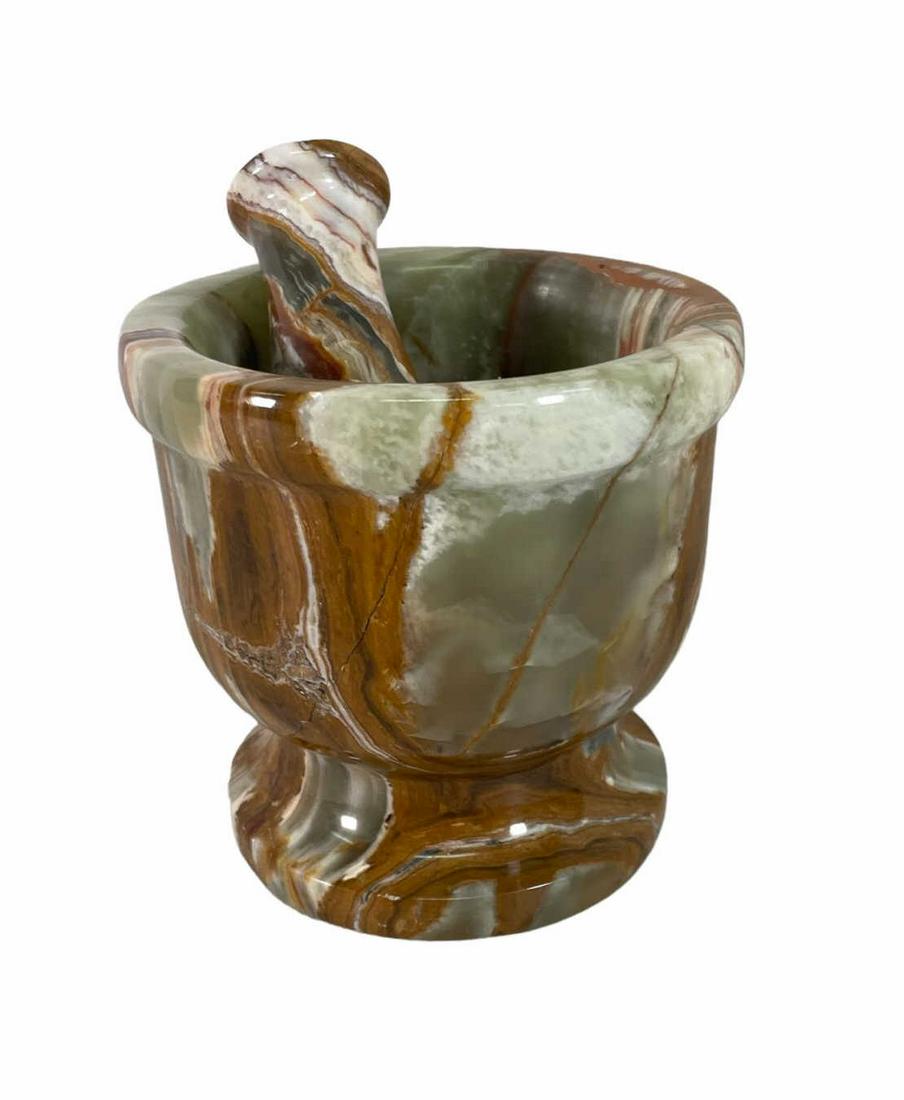 AFGHANISTAN ONYX MORTAR & PESTLE: AFGHANISTAN ONYX MORTAR & PESTLE- 4.10LB (OT106) Height: 5 in. by Width: 4.5 in. by Depth: 4.5
