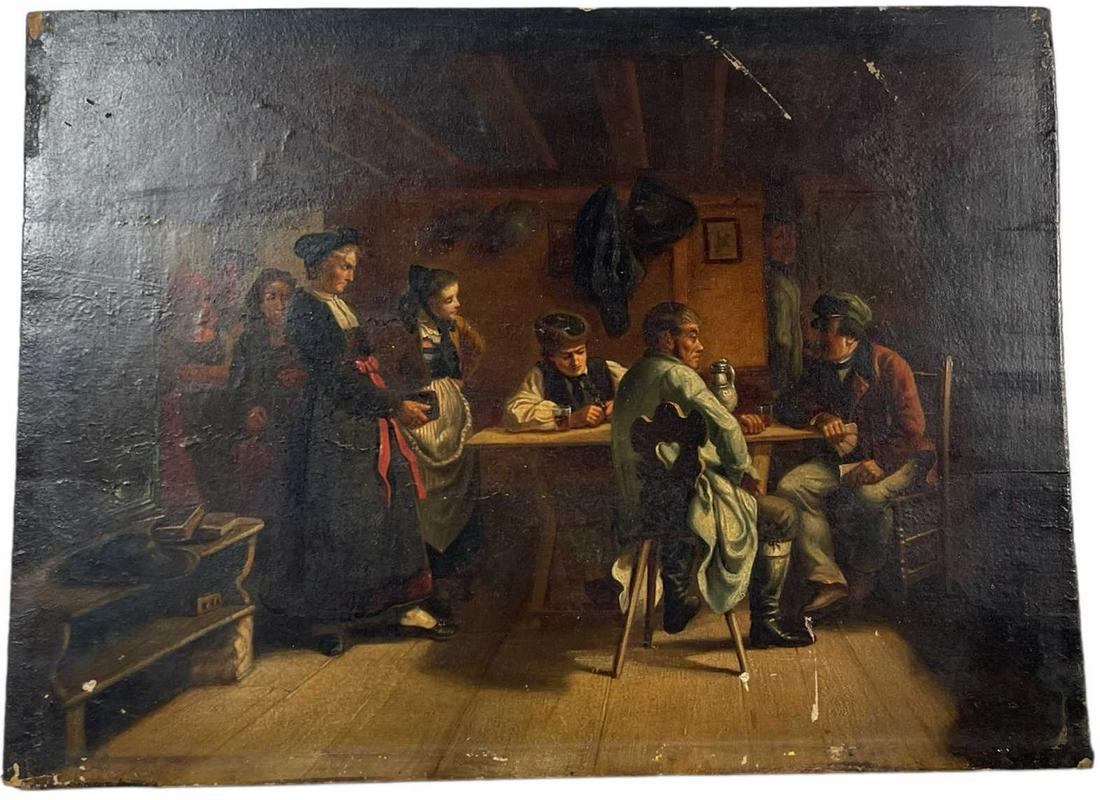 19th CENTURY INTERIOR SCREEN OIL ON BOARD PAINTING (1 of 3)