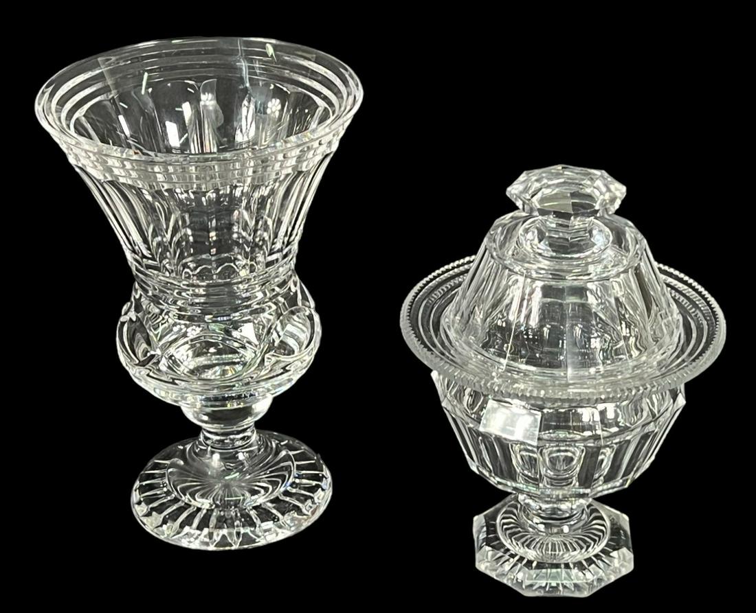 CUT GLASS VASE AND LIDDED JAR: CUT GLASS VASE AND LIDDED JAR. VASE IS MADE BY WILLIAM YEOWARD. Height: 9.5 in. by Width: 6.5 in. by Depth: 6.5