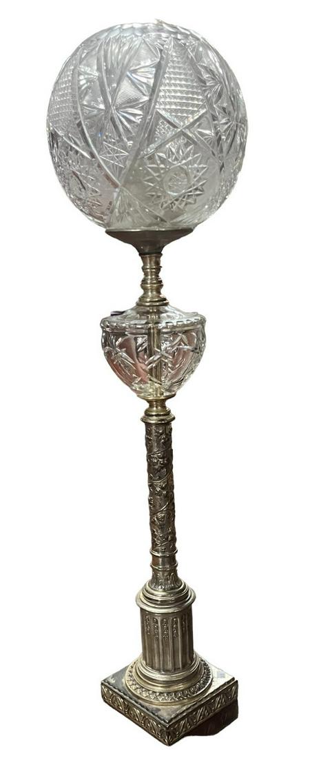 HURRICANE LAMP CONVERTED TO ELECTRIC LAMP: CUT GLASS HURRICANE LAMP CONVERTED TO ELECTRIC LAMP. Height: 30.75 in. by Width: 8.5 in. by Depth: 8.5 in.