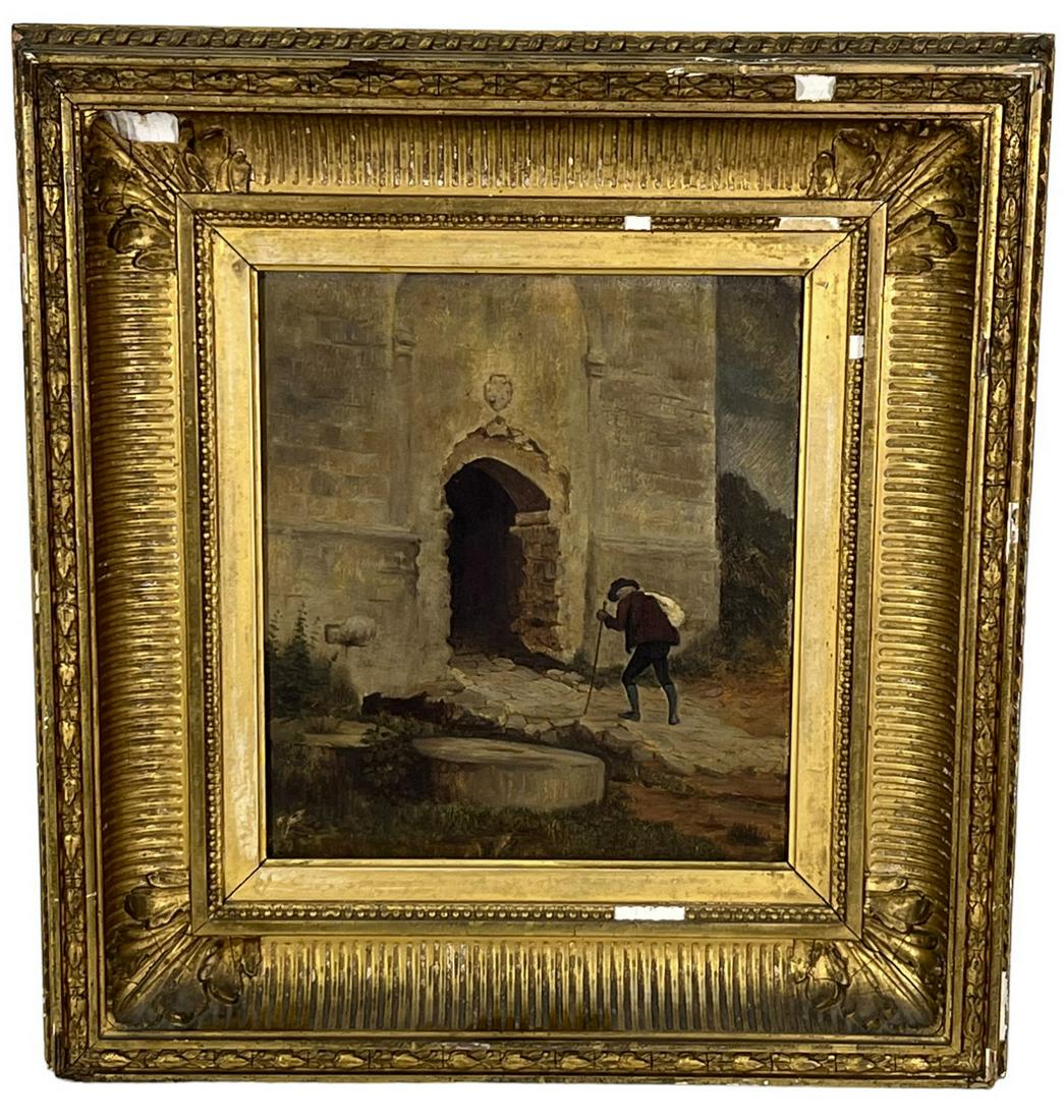 19th CENTURY OLD MAN WALKING OIL ON PANEL PAINTING IN GILDED FRAME (1 of 4)