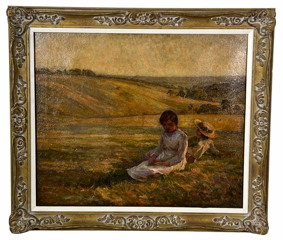 MARY HIGGINS ENGLISH "GIRLS IN MEADOW" OIL ON CANVAS PAINTING (1 of 5)